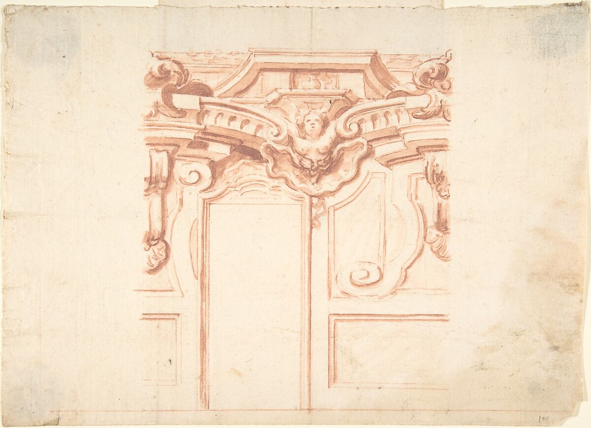Design for the Decoration Scheme of a Wall, Anonymous, Italian, Piedmontese, 18th century, Red chalk, brush and red wash over red chalk; ruled construction in leadpoint 