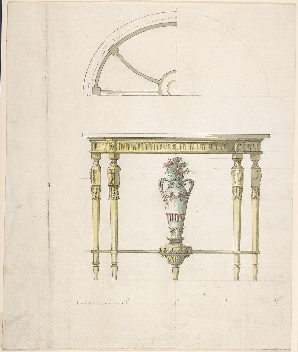 Design for a Console Table, Style of Robert Adam (British, Kirkcaldy, Scotland 1728–1792 London), Watercolor over pen and black ink and graphite 