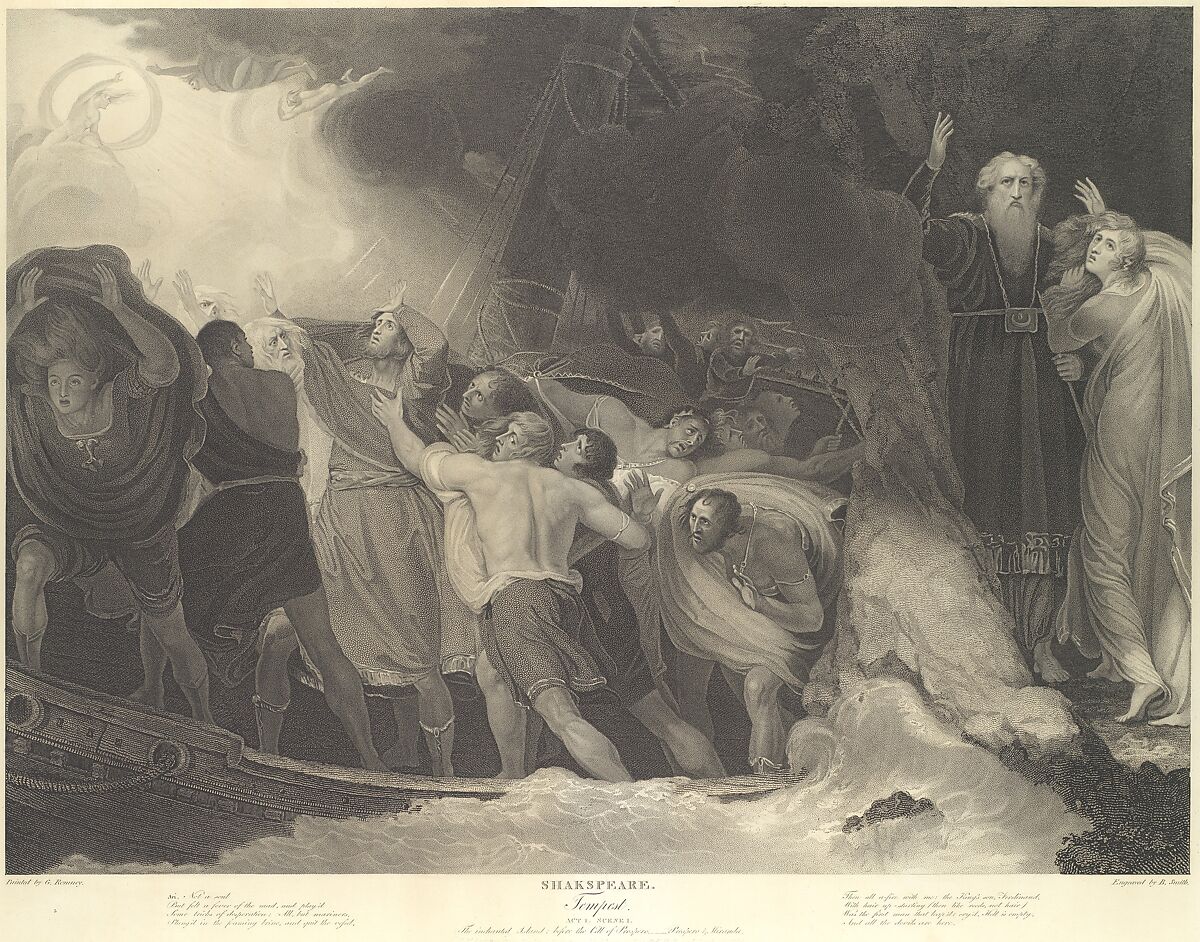 The Enchanted Island, Before the Cell of Prospero - Prospero and Miranda (Shakespeare, The Tempest, Act 1, Scene 1), Benjamin Smith (British, active 1786–1833), Stipple engraving and etching 