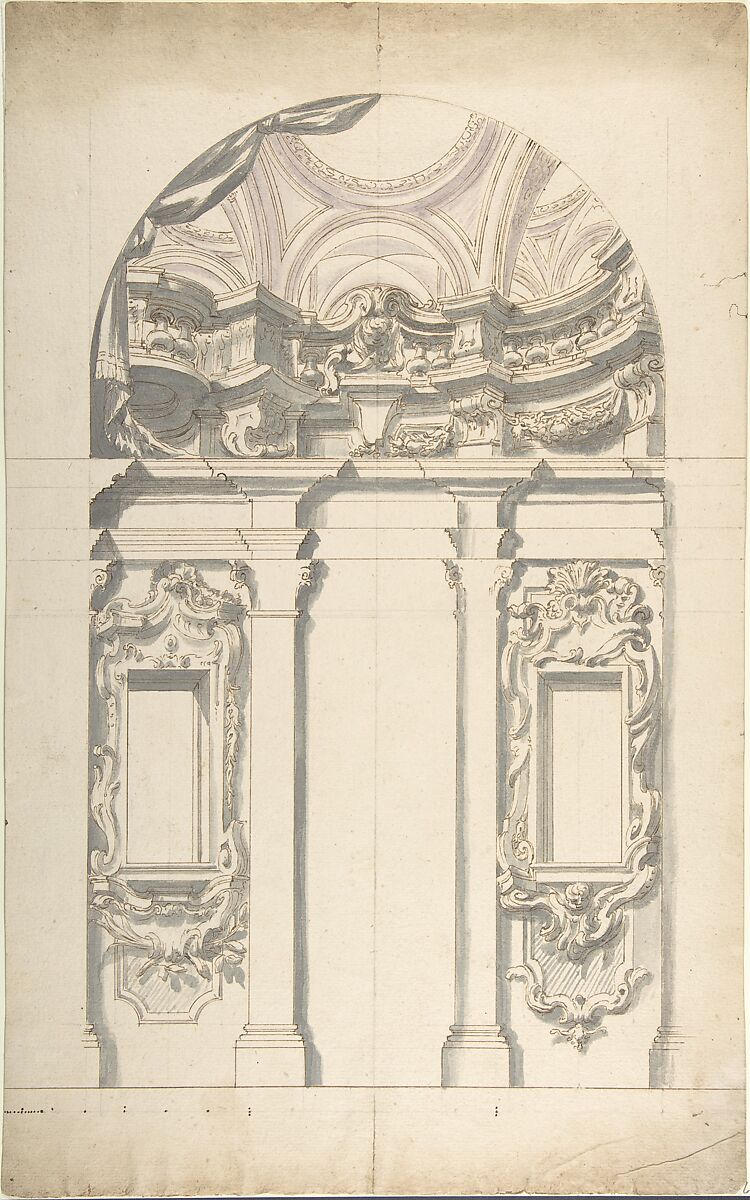 Two alternate Design for a wall elevation, Anonymous, Italian, Piedmontese, 18th century, Pen and brown ink, brush and gray, mauve wash over leadpoint, with ruled and compass construction; vertical line on the center of the sheet in leadpoint on recto, and in black chalk on verso 