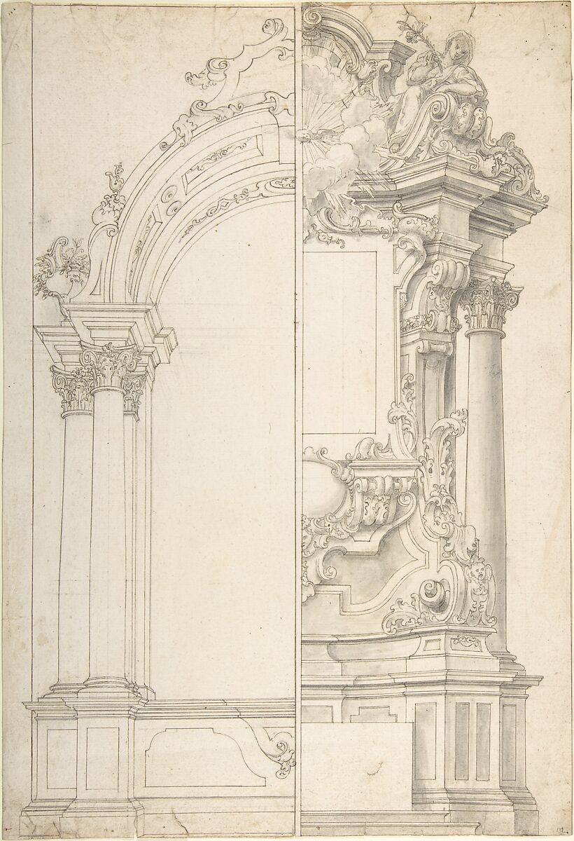 Two Alternate Designs for an Altar, Anonymous, Italian, Piedmontese, 18th century, Pen and dark brown ink, brush and gray wash, over leadpoint or graphite, with ruled and compass construction 