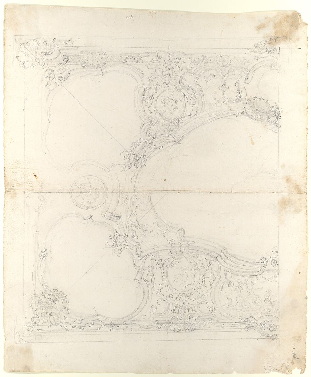 Two Alternate designs for a Frame, Anonymous, Italian, Piedmontese, 18th century, Pen and black ink, brush and gray, yellow, and red wash over leadpoint, with ruled and compass construction