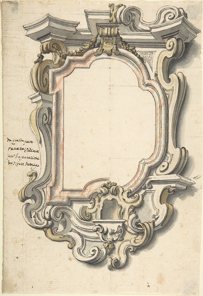 Two Alternate designs for a Frame, Anonymous, Italian, Piedmontese, 18th century, Pen and black ink, brush and gray, yellow, and red wash over leadpoint, with ruled and compass construction 