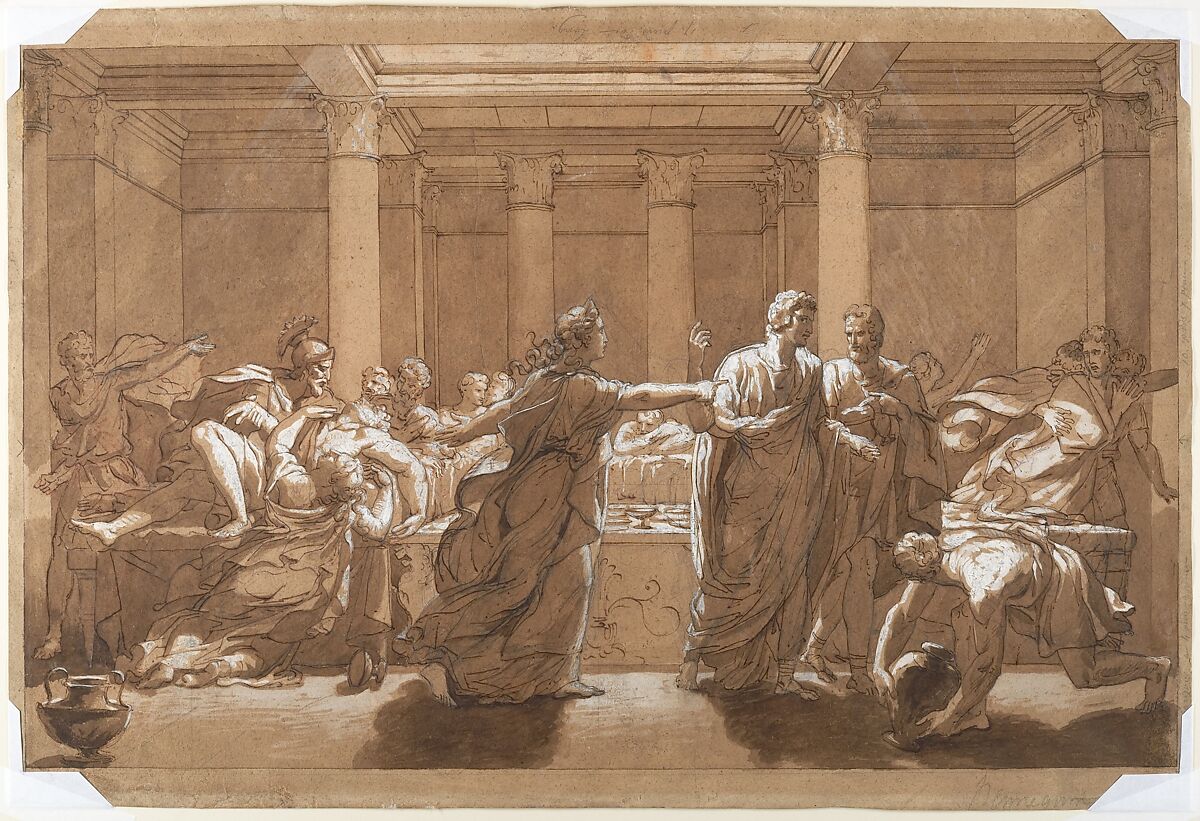 The Death of Britannicus, Alexandre Denis Abel de Pujol (French, Valenciennes 1785–1861 Paris), Pen and black ink, brush and brown wash, heightened with white gouache over graphite and red chalk 
