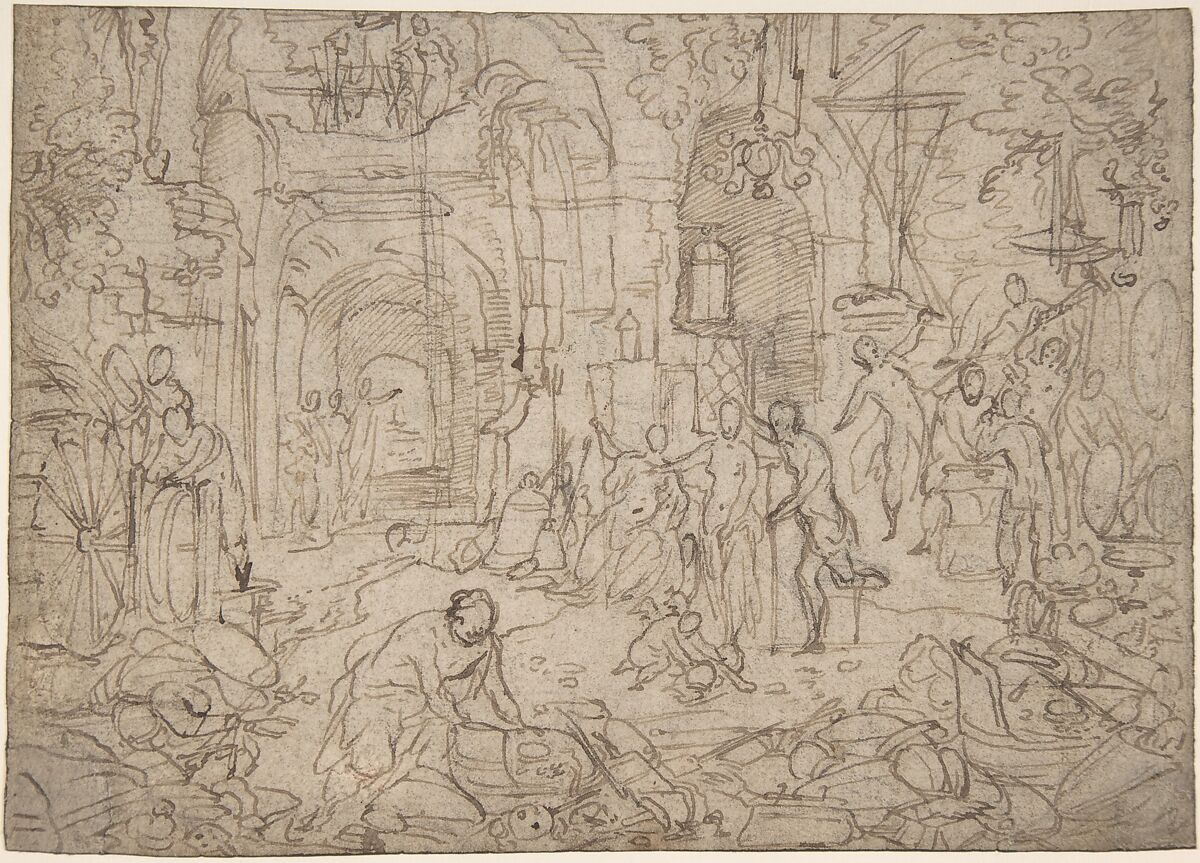 Venus Visiting the Forge of Vulcan, Pauwels Franck, called Paolo Fiammingo (Flemish, Antwerp 1540–1596 Venice), Pen and brown ink over black chalk 