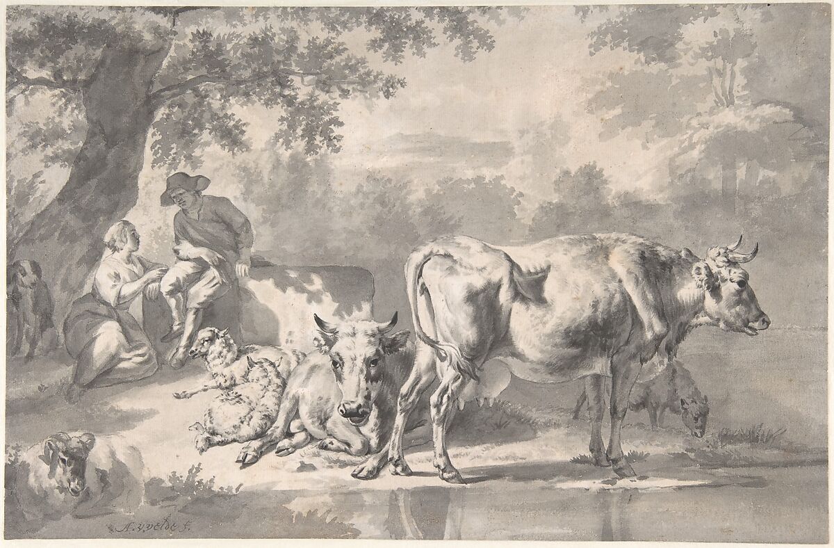 Peasants with Cattle and Sheep, Adriaen van de Velde (Dutch, Amsterdam 1636–1672 Amsterdam), Black chalk, brush and gray wash 