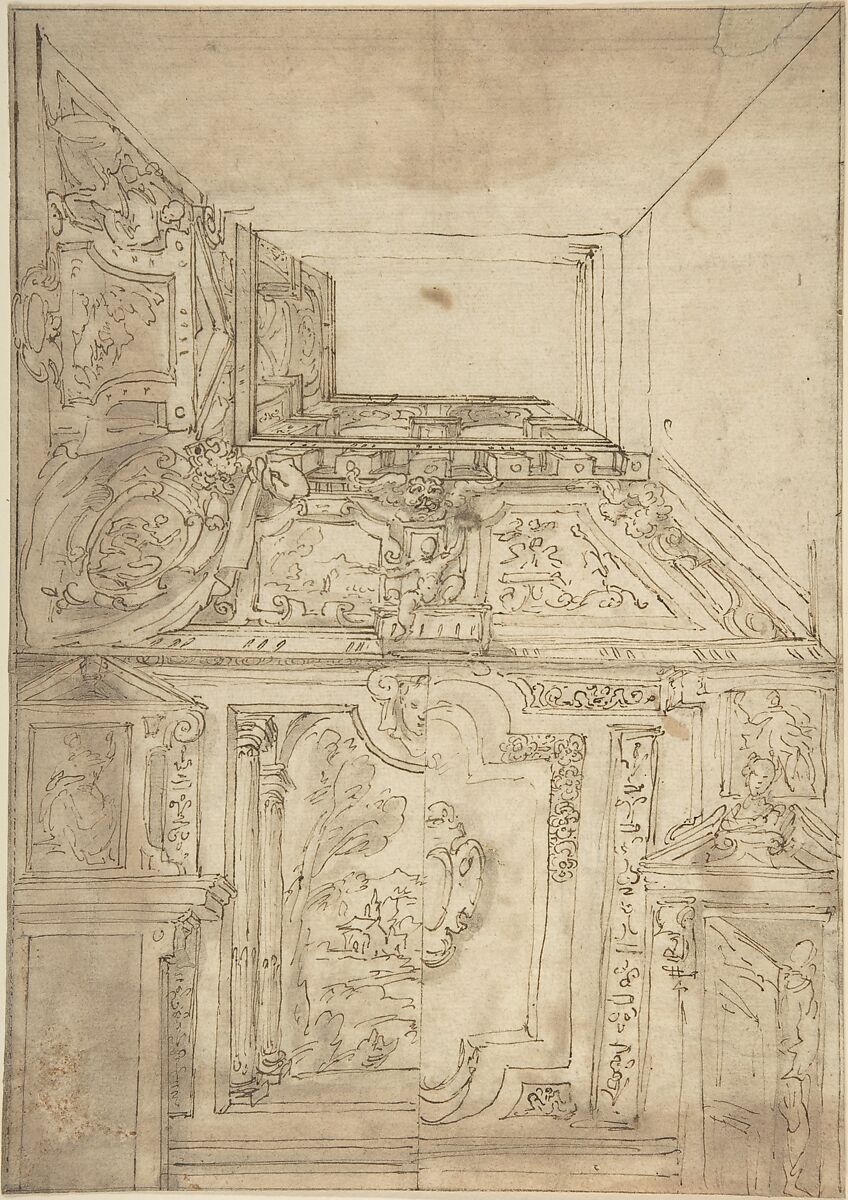 Study for a Vault, Anonymous, Italian, 17th century, Pen and ink, brush and brown wash, over black chalk 
