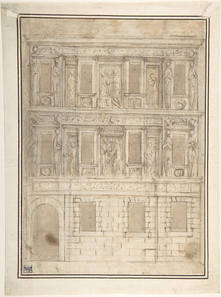 Project for a Façade Decoration (recto); Architectural Studies (verso), Attributed to Lattanzio Gambara (Italian, Brescia ca. 1530–1574 Brescia), Pen and brown ink, brush and brown wash, over black chalk 