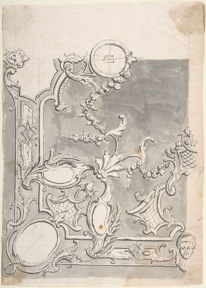 One Quarter of a Design for Corner of a Wall or a Ceiling, Anonymous, Italian, Piedmontese, 18th century, Pen and black ink, brush and gray wash, over leadpoint or graphite,  some ruled and compass construction 