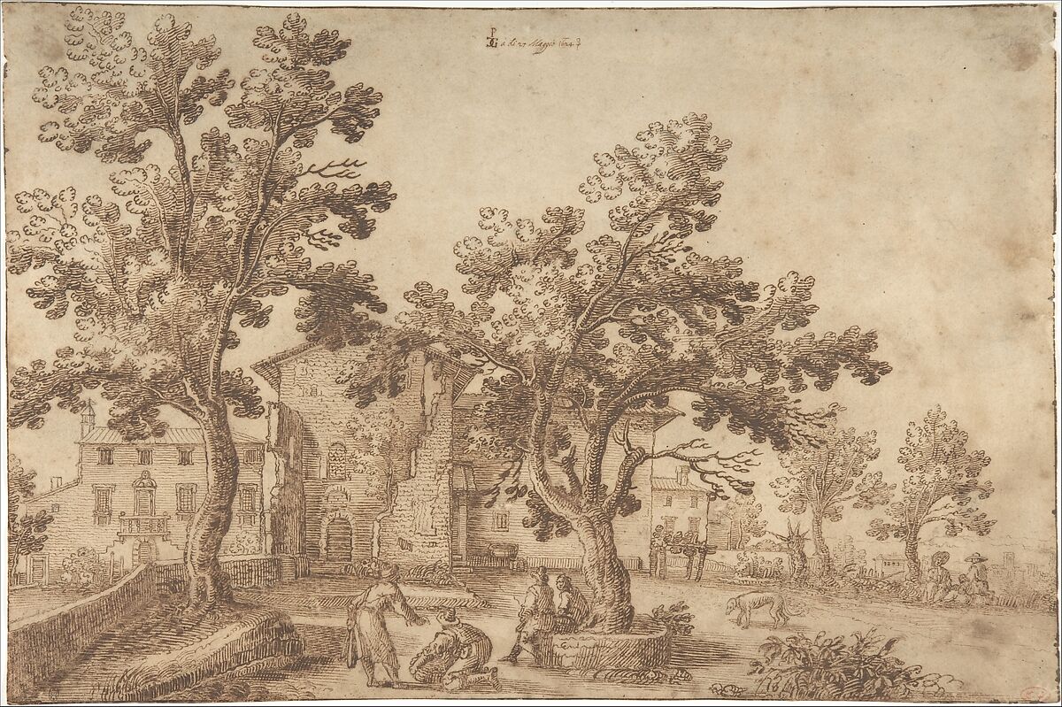 A View of a Village with Figures, Remigio Cantagallina (Italian, Borgo Sansepolcro ca. 1582–1656 Florence), Pen and brown ink, over traces of black chalk or leadpoint; framing lines in pen and brown ink 