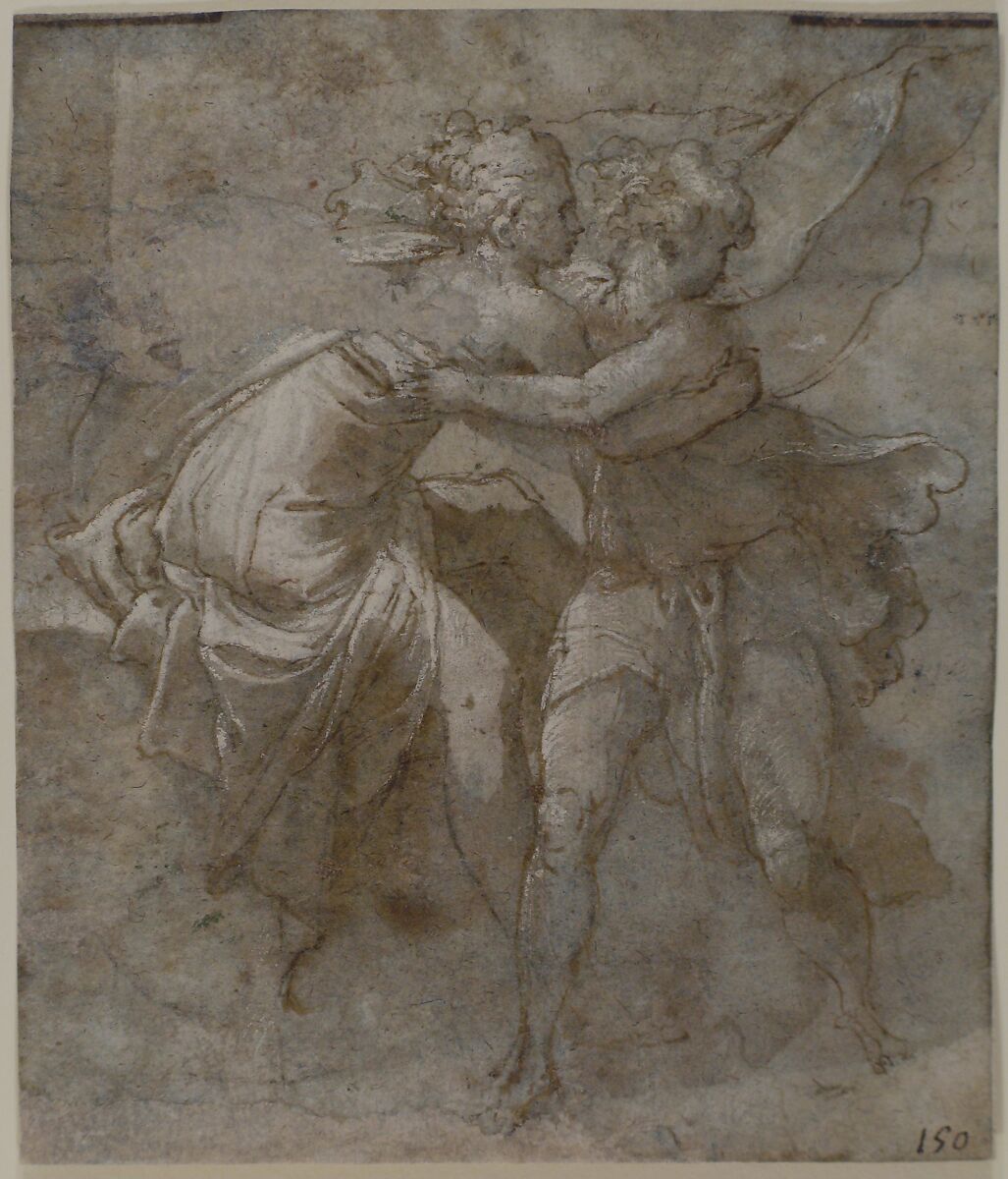 Joseph and Potiphar's Wife, Taddeo Zuccaro (Italian, Sant'Angelo in Vado 1529–1566 Rome), Pen and brown ink, brush and brown wash, highlighted with white gouache, over traces of black chalk, on blue paper; traces of framing lines in pen and brown ink along upper and right borders