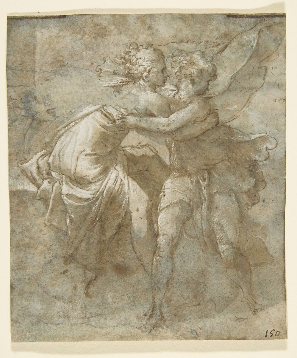 Joseph and Potiphar's Wife, Taddeo Zuccaro (Italian, Sant&#39;Angelo in Vado 1529–1566 Rome), Pen and brown ink, brush and brown wash, highlighted with white gouache, over traces of black chalk, on blue paper; traces of framing lines in pen and brown ink along upper and right borders 