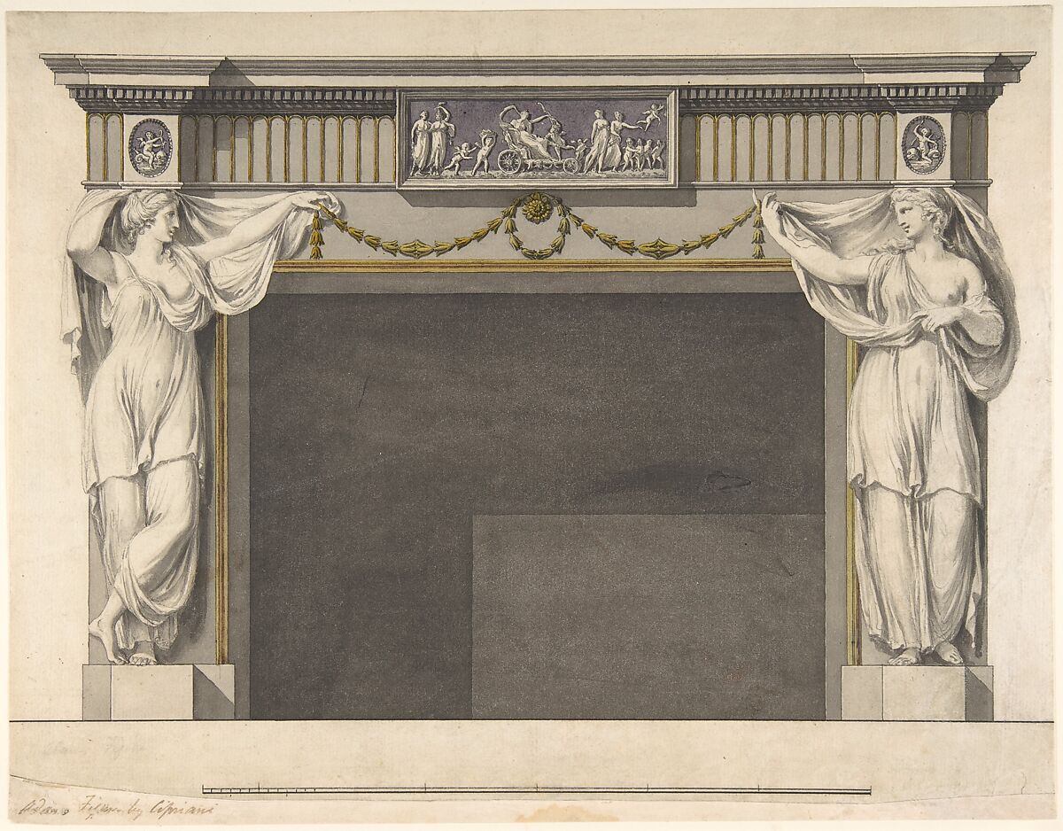 Design for a Chimney Piece in the Gallery, now DIning Room, Harewood House, Yorkshire (Elevation), Robert Adam (British, Kirkcaldy, Scotland 1728–1792 London), Pen and ink, brush and ink wash, over graphite 