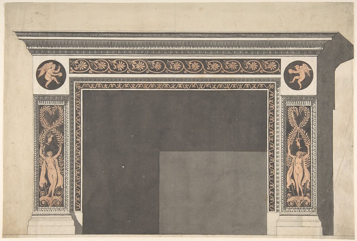 Design for a Chimney Piece in the Pompeian Style, Style of Robert Adam (British, Kirkcaldy, Scotland 1728–1792 London), Pen and black ink, brush and wash or watercolor, over graphite 