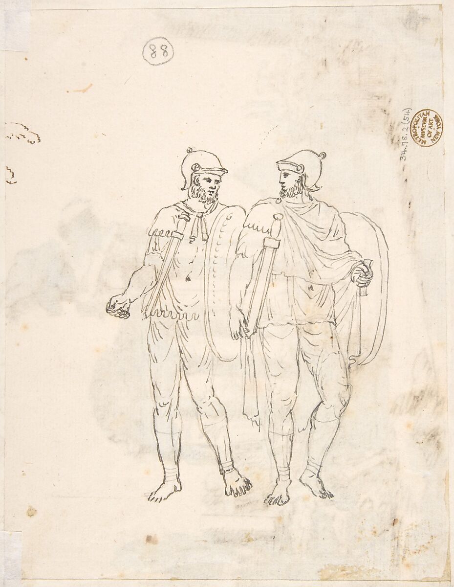 Classical Landscape with Ruins (recto); Two men in Roman military dress (verso), Robert Adam (British, Kirkcaldy, Scotland 1728–1792 London), Pen and brown ink, brush and gray wash, over black chalk