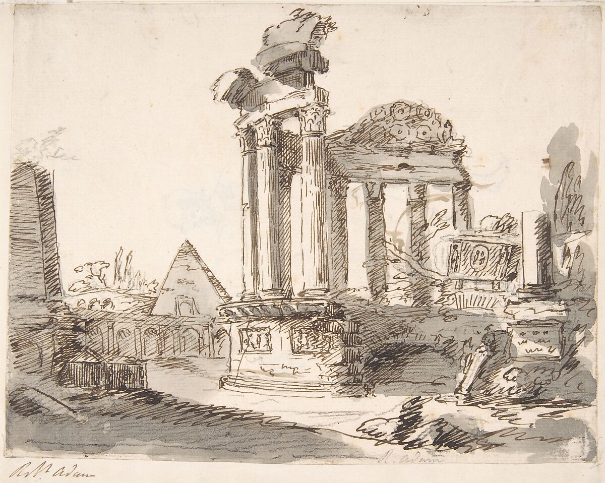 Classical Landscape with Ruins (recto); Two men in Roman military dress (verso), Robert Adam (British, Kirkcaldy, Scotland 1728–1792 London), Pen and brown ink, brush and gray wash, over black chalk 