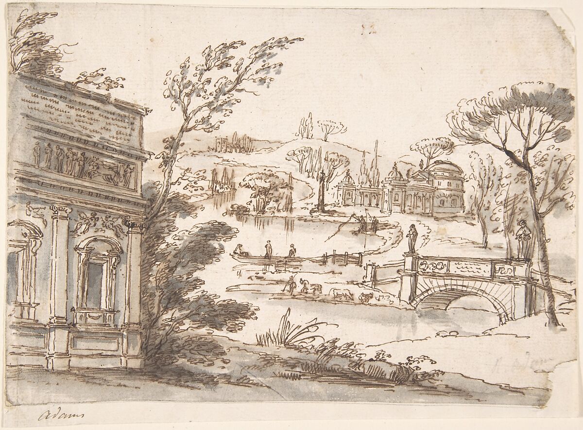Classical Landscape with Temples (recto); Indecipherable sketch, possibly of a seated figure (verso), Robert Adam (British, Kirkcaldy, Scotland 1728–1792 London), Pen and brown ink, brush and gray wash 