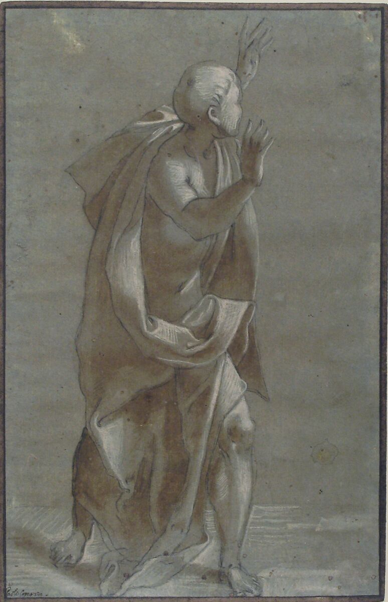 Standing Male Draped Figure With His Hands Raised, Giovanni Paolo Lomazzo (Italian, Milan 1538–1600 Milan), Black chalk, brush and brown wash, highlighted with white gouache, on blue-green paper