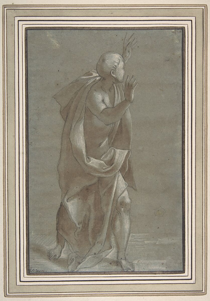 Standing Male Draped Figure With His Hands Raised, Giovanni Paolo Lomazzo (Italian, Milan 1538–1600 Milan), Black chalk, brush and brown wash, highlighted with white gouache, on blue-green paper 