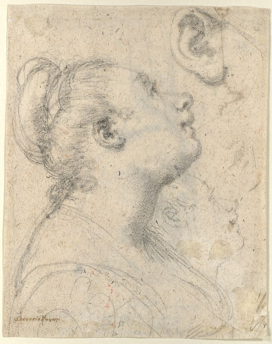 The Head and Shoulders of a Woman in Profile; Separate Studies of Her Head and Ear (recto); Fragment of Drapery Study, Profile of Architectural Molding (verso), Gregorio Pagani (Italian, Florence 1558–1605), Black chalk (recto); black chalk, pen and brown ink (verso)