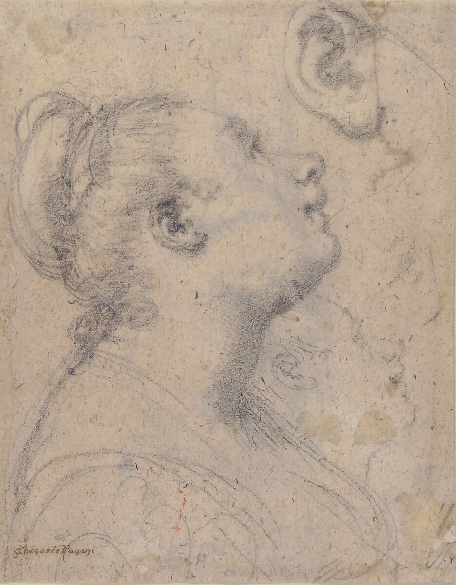The Head and Shoulders of a Woman in Profile; Separate Studies of Her Head and Ear (recto); Fragment of Drapery Study, Profile of Architectural Molding (verso), Gregorio Pagani (Italian, Florence 1558–1605), Black chalk (recto); black chalk, pen and brown ink (verso)