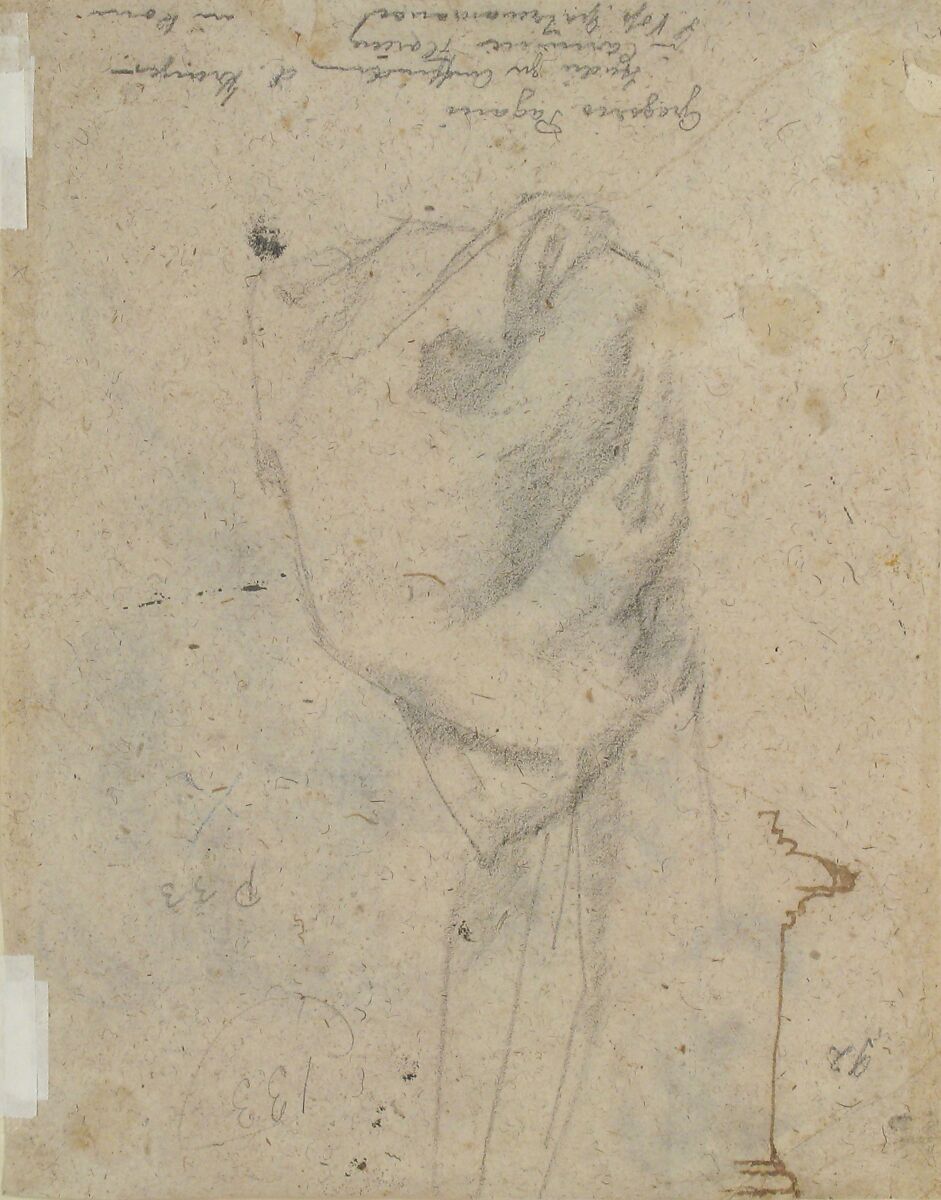 The Head and Shoulders of a Woman in Profile; Separate Studies of Her Head and Ear (recto); Fragment of Drapery Study, Profile of Architectural Molding (verso), Gregorio Pagani (Italian, Florence 1558–1605), Black chalk (recto); black chalk, pen and brown ink (verso)