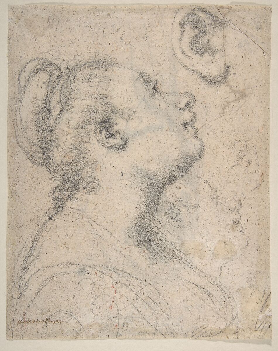 The Head and Shoulders of a Woman in Profile; Separate Studies of Her Head and Ear (recto); Fragment of Drapery Study, Profile of Architectural Molding (verso)., Gregorio Pagani (Italian, Florence 1558–1605), Black chalk (recto); black chalk, pen and brown ink (verso) 