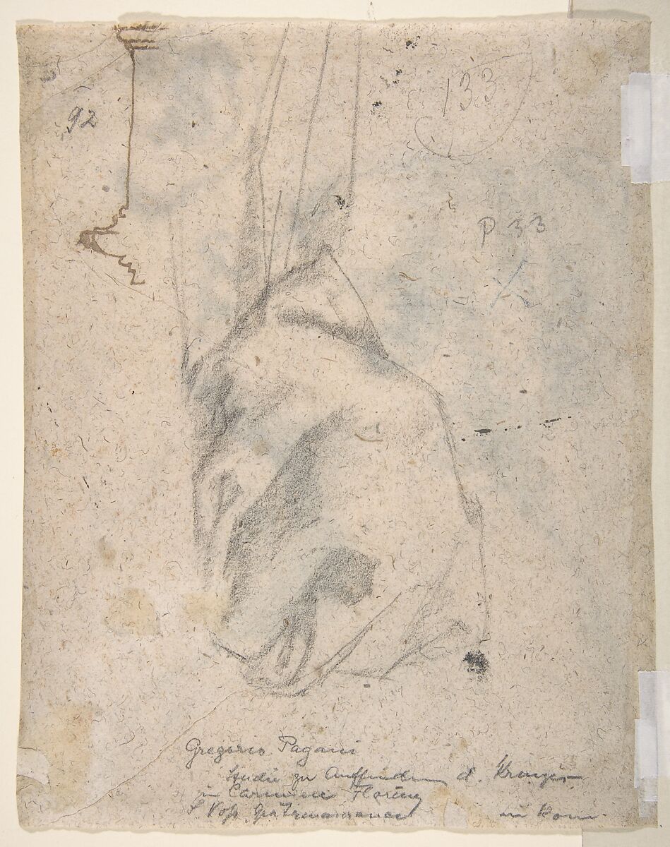 The Head and Shoulders of a Woman in Profile; Separate Studies of Her Head and Ear (recto); Fragment of Drapery Study, Profile of Architectural Molding (verso), Gregorio Pagani (Italian, Florence 1558–1605), Black chalk (recto); black chalk, pen and brown ink (verso)