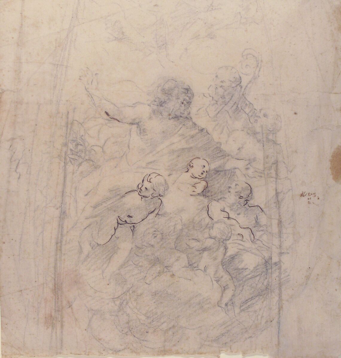 A Bearded Prophet in Glory Attended by a Bishop, Two Other Male Saints, and Angels (Design for a Section of a Dome), Giovanni Lanfranco (Italian, Parma 1582–1647 Rome), Black chalk, partly reworked by the artist in pen and brown ink