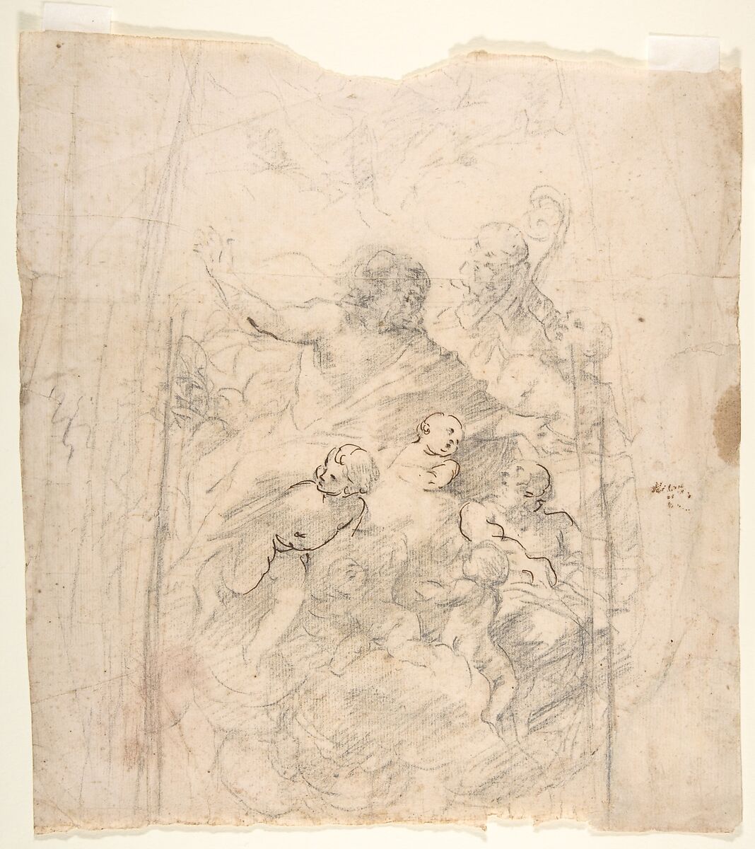 A Bearded Prophet in Glory Attended by a Bishop, Two Other Male Saints, and Angels (Design for a Section of a Dome), Giovanni Lanfranco (Italian, Parma 1582–1647 Rome), Black chalk, partly reworked by the artist in pen and brown ink 