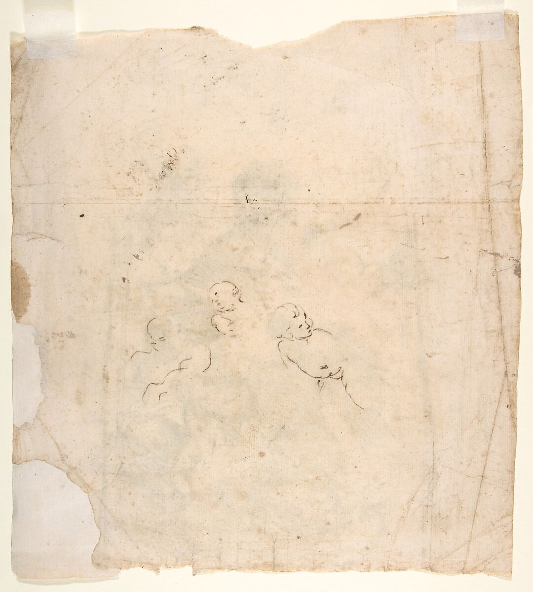 A Bearded Prophet in Glory Attended by a Bishop, Two Other Male Saints, and Angels (Design for a Section of a Dome), Giovanni Lanfranco (Italian, Parma 1582–1647 Rome), Black chalk, partly reworked by the artist in pen and brown ink