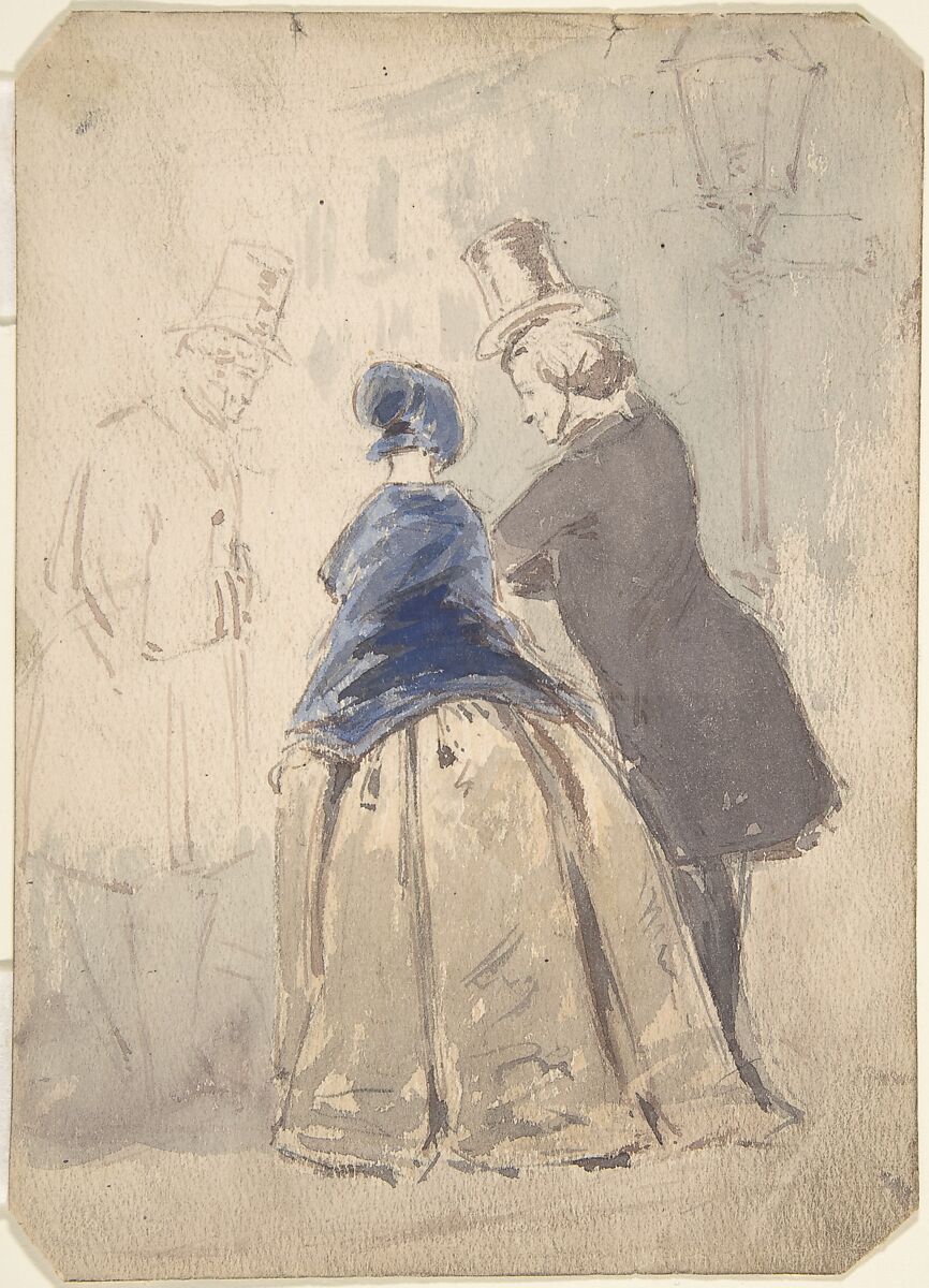 Street Scene from Vanity Fair, with Amelia, George Osborne and Dobbin (recto); Sketch of Young Woman (verso), (?) Jerry Barret (British, 1824–1906), Watercolor over graphite (recto); graphite (verso) 