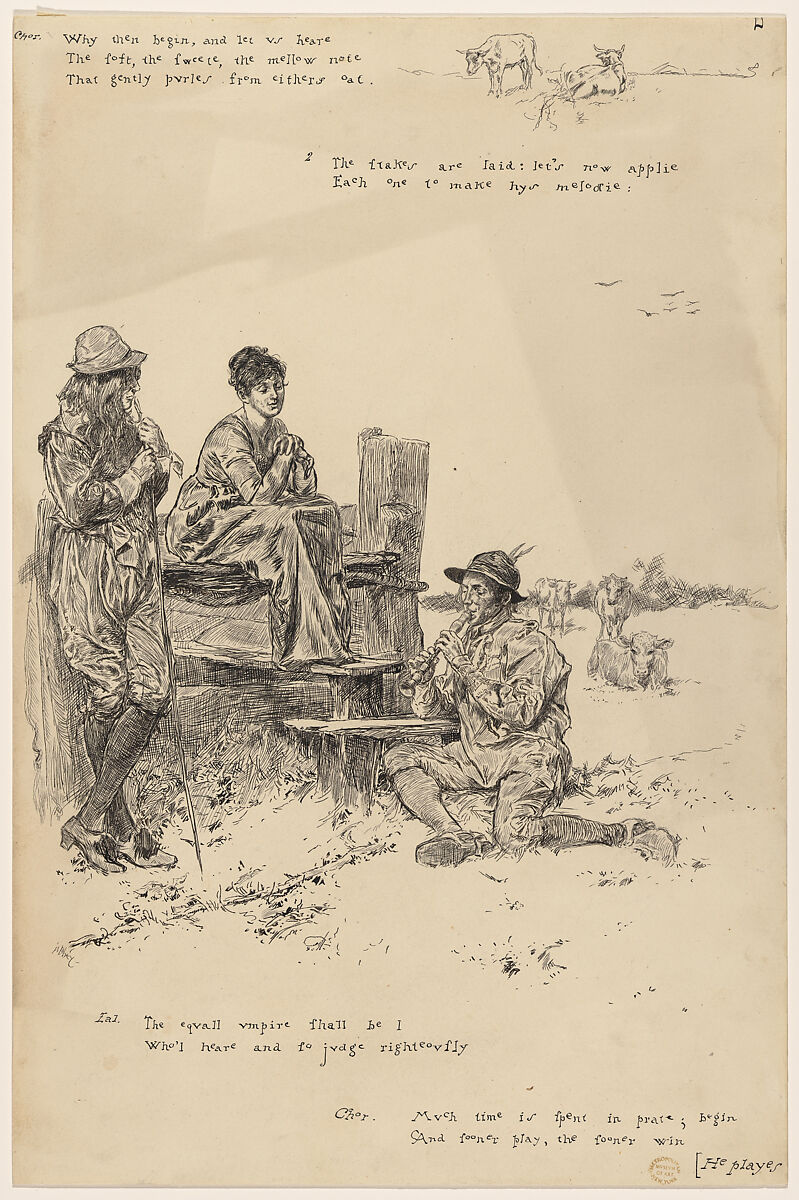 "Why then begin..." illustration to "A Bucolick or Discourse of Neatherds", Edwin Austin Abbey (American, Philadelphia, Pennsylvania 1852–1911 London), Pen and ink 