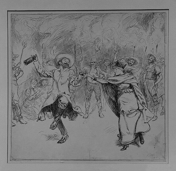 The jovial monarch caught Mrs. Russell's hand in his, and proceeded to dance, illustration to "A Castle in Spain: A Novel", Edwin Austin Abbey (American, Philadelphia, Pennsylvania 1852–1911 London), Pen and ink