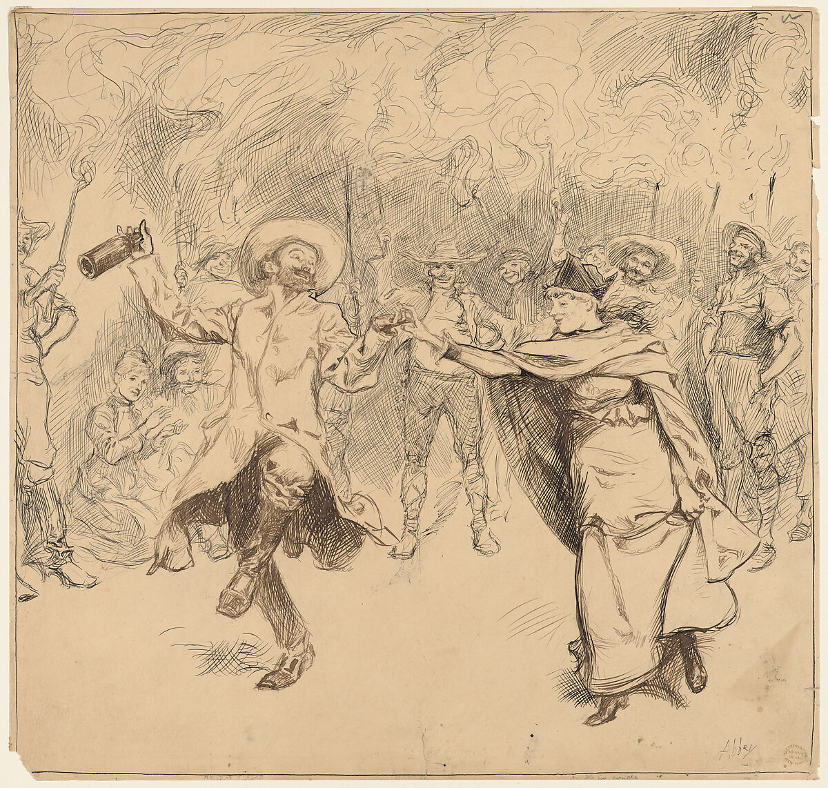"The jovial monarch caught Mrs. Russell's hand in his, and proceeded to dance," illustration to "A Castle in Spain: A Novel", Edwin Austin Abbey (American, Philadelphia, Pennsylvania 1852–1911 London), Pen and ink 