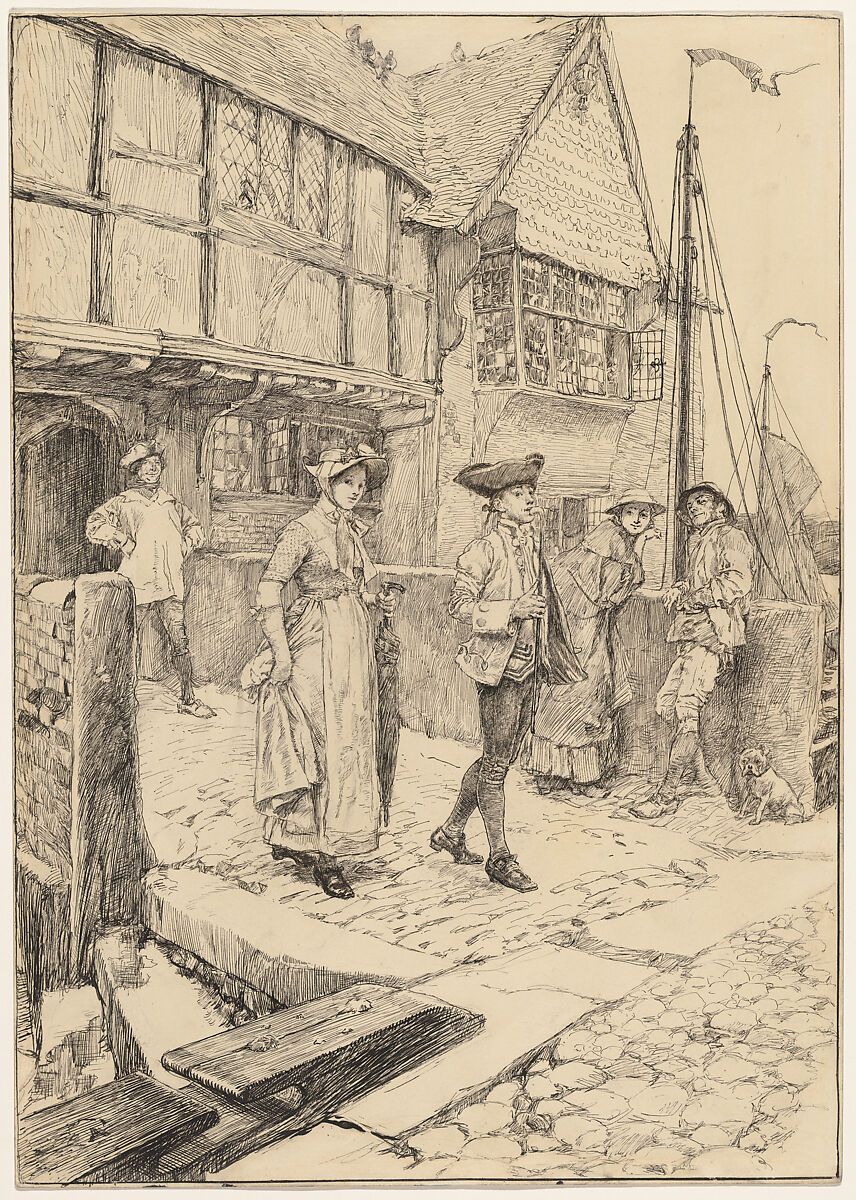 "The Sunday Walk," illustration to "Sally in Our Alley", Edwin Austin Abbey (American, Philadelphia, Pennsylvania 1852–1911 London), Pen and ink on cardboard 