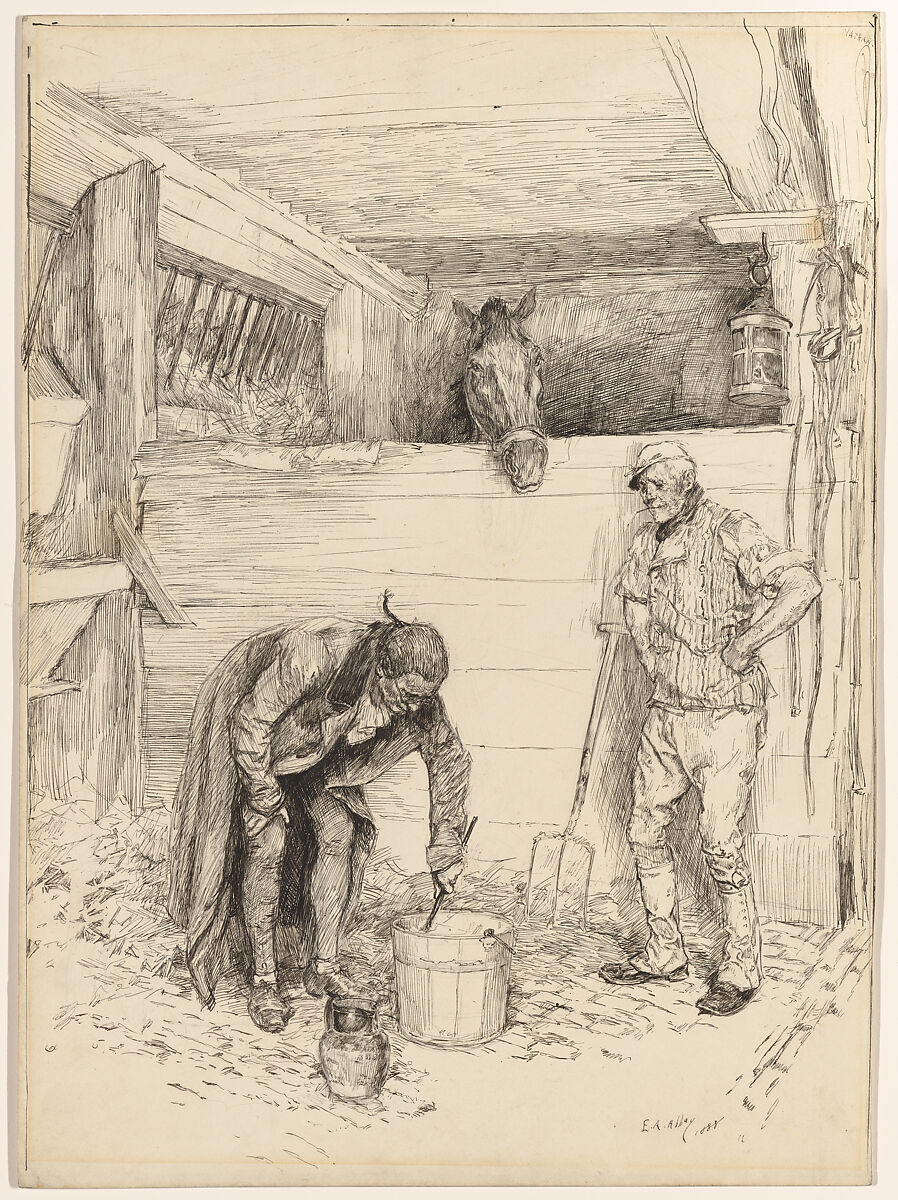 "And none knew why he fed them both with his own hands," illustration to "Quince", Edwin Austin Abbey (American, Philadelphia, Pennsylvania 1852–1911 London), Pen and ink on cardboard 