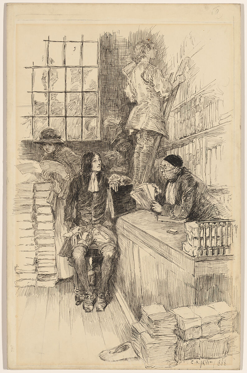 "He went to Tonson," illustration to "The Noble Paton", Edwin Austin Abbey (American, Philadelphia, Pennsylvania 1852–1911 London), Pen and ink on cardboard 