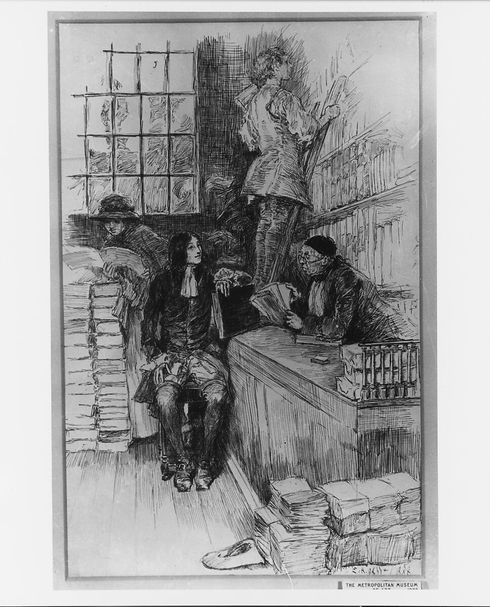 In the Library, Edwin Austin Abbey (American, Philadelphia, Pennsylvania 1852â€“1911 London), Pen and ink on cardboard