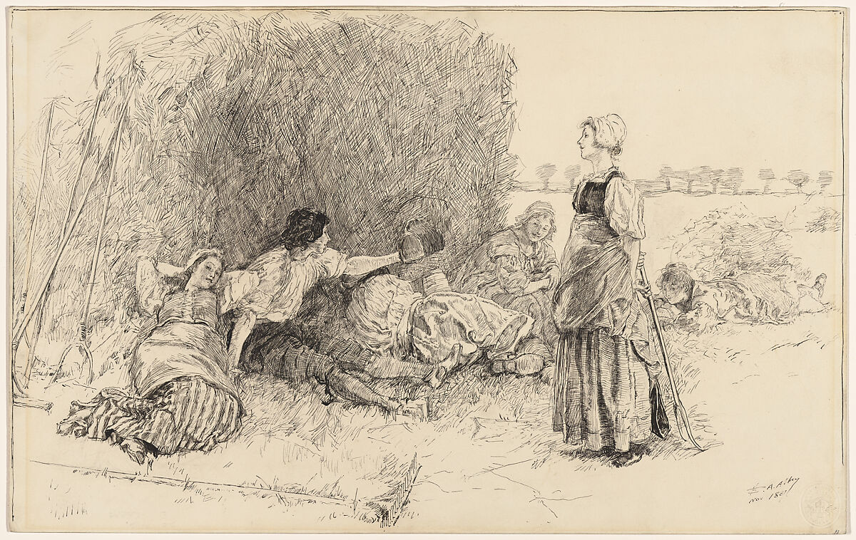 "The Harvesters," illustration to "The Leather Bottèl", Edwin Austin Abbey (American, Philadelphia, Pennsylvania 1852–1911 London), Pen and ink on paper 