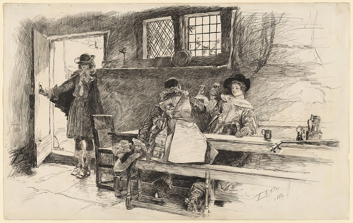 "Will had her to the wine," illustration to "Phillada Flouts Me", Edwin Austin Abbey (American, Philadelphia, Pennsylvania 1852–1911 London), Pen and ink 