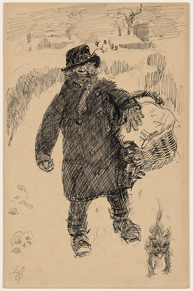 Man Walking in the Snow Carrying a Covered Basket, Accompanied by a Small Terrier, Edwin Austin Abbey (American, Philadelphia, Pennsylvania 1852–1911 London), Pen and ink 