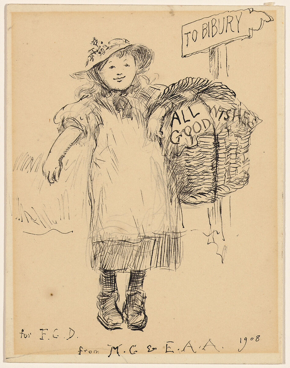 Young Girl Carrying a Basket "All Good Wishes", Edwin Austin Abbey (American, Philadelphia, Pennsylvania 1852–1911 London), Pen and ink 