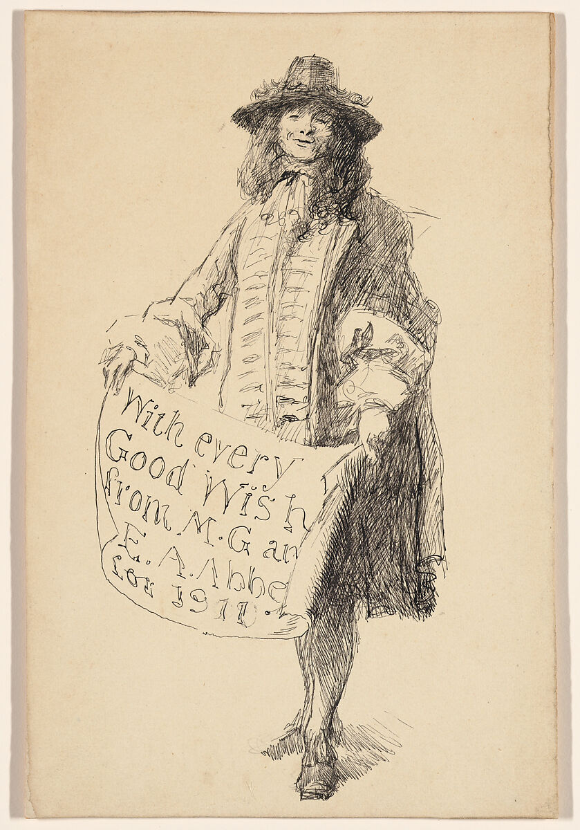 Man wearing seventeenth-century dress holding a scroll: With every Good Wish from M. G. and E. A. Abbey for 1911, Edwin Austin Abbey (American, Philadelphia, Pennsylvania 1852–1911 London), Pen and ink 
