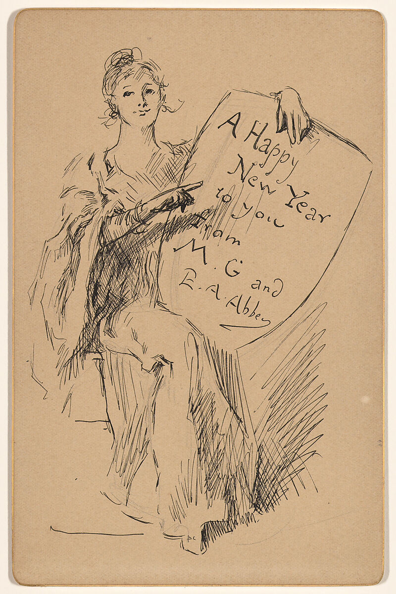 Seated Woman Holding a Shield: A Happy New Year to you from M. G. and E. A. Abbey, Edwin Austin Abbey (American, Philadelphia, Pennsylvania 1852–1911 London), Pen and ink 