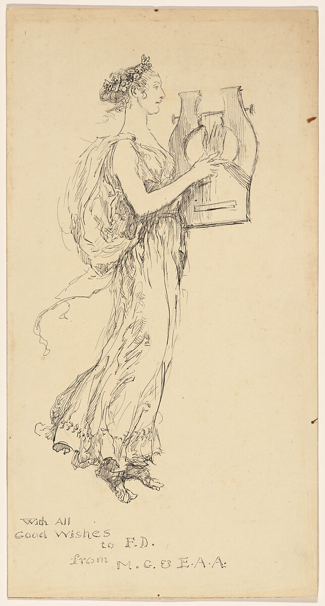 Woman in a Grecian Gown Playing a Lyre, Edwin Austin Abbey (American, Philadelphia, Pennsylvania 1852–1911 London), Pen and ink 