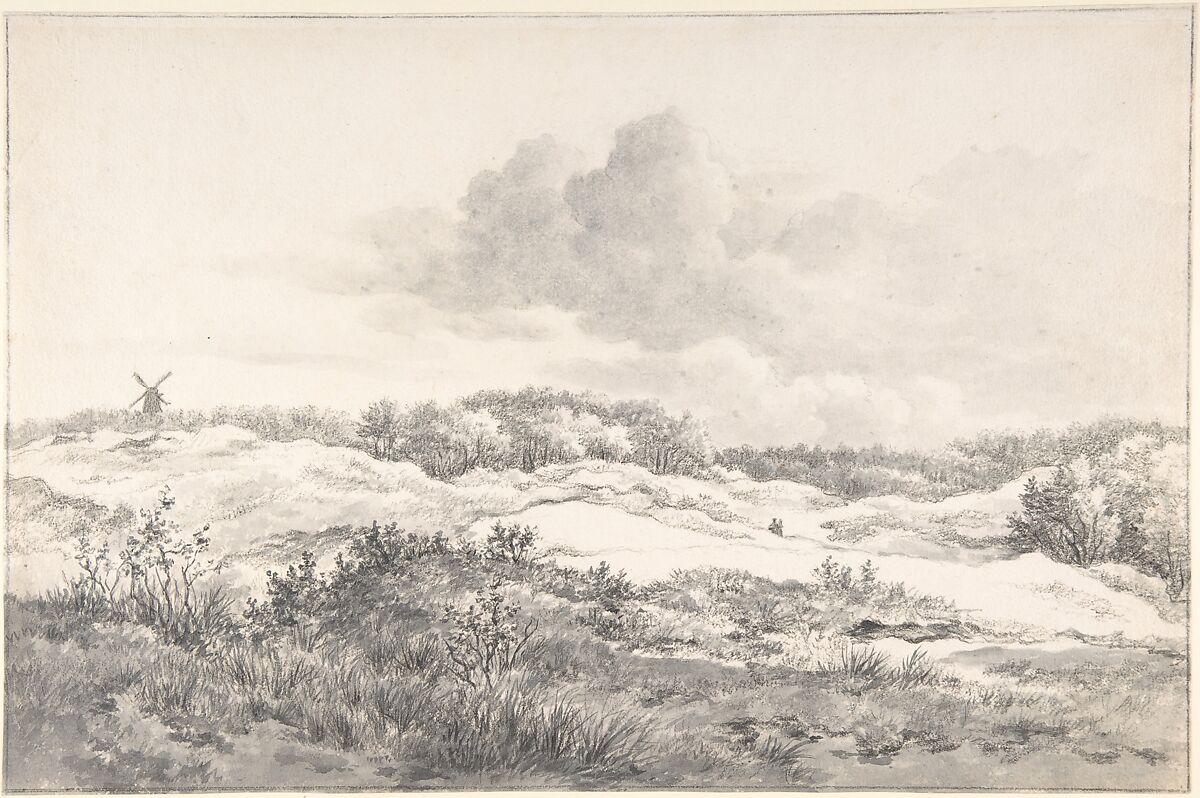 Wooded Dune Landscape near Haarlem, with Windmill and a Pair of Figures, Gerrit Jan Michaëlis (Dutch, Amsterdam 1775–1857 Haarlem), Black chalk and gray wash 