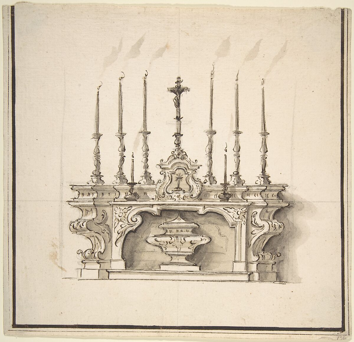 Design for an Altar With Six Large Candelabra, Anonymous, Italian, Piedmontese, 18th century, Pen and brown ink, brush and light brown-gray wash over graphite; framing lines in pen and dark brown ink and brush and dark brown ink 