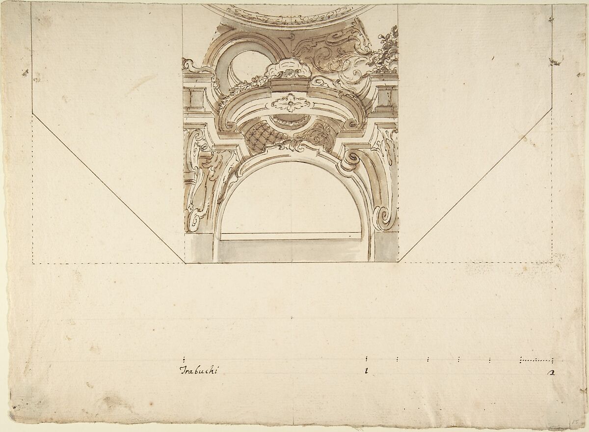 Two alternate projects for a Cornice, Anonymous, Italian, Piedmontese, 18th century, Pen and dark brown ink, brush and brown, gray wash over leadpoint, with riled and compass construction; framing lines in pen and brown ink; scale at bottom of design, in pen and brown ink over lead point 
