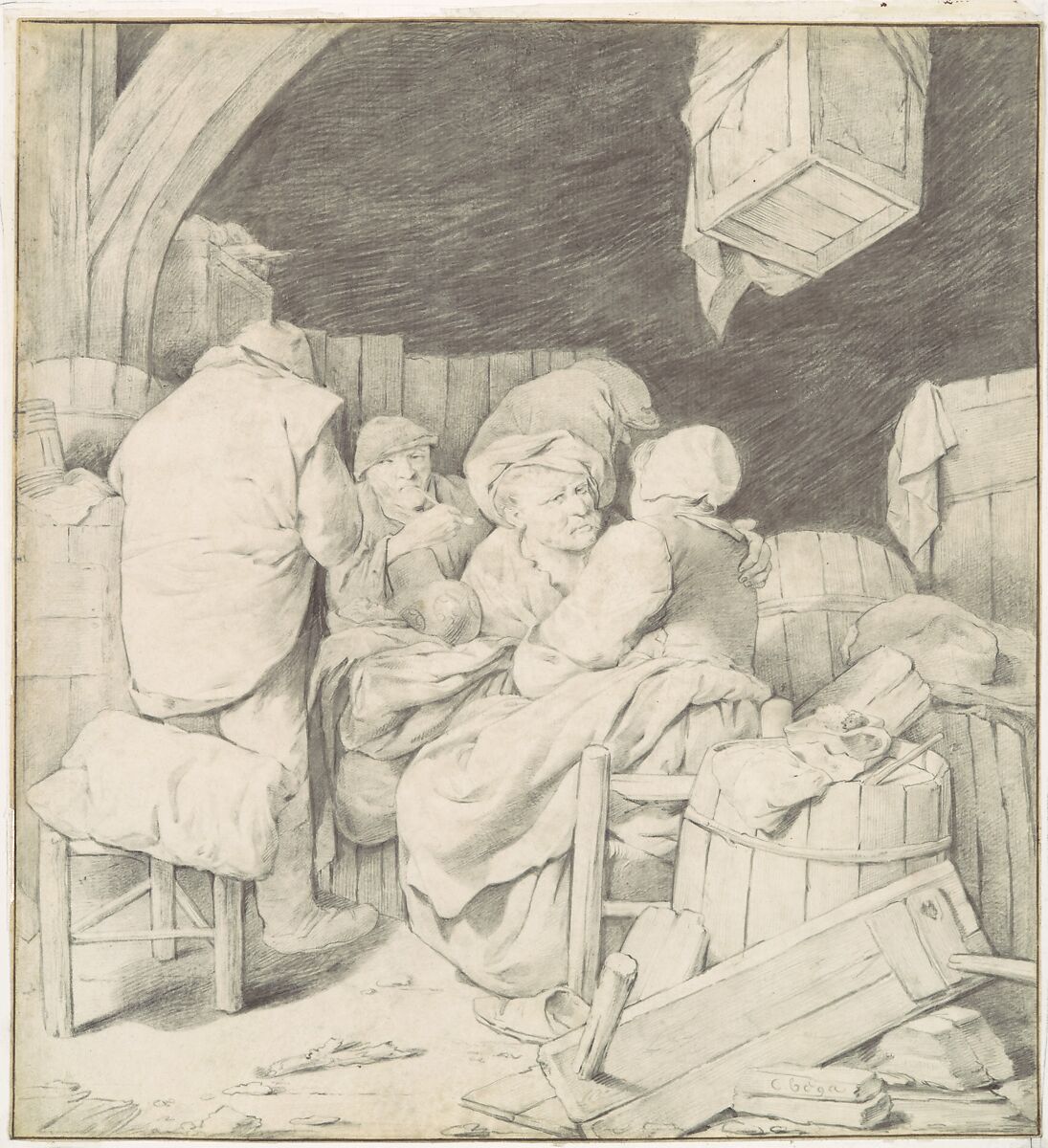 Peasants Gathered at an Inn, Cornelis Bega (Dutch, Haarlem 1631 or 1632–1664 Haarlem), Black chalk on vellum
